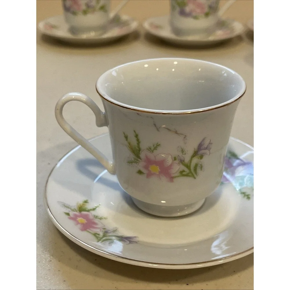 Vntg Coffee Espresso Set 6 Cups & Saucers Floral Garden Lady Grace Luceno Canada